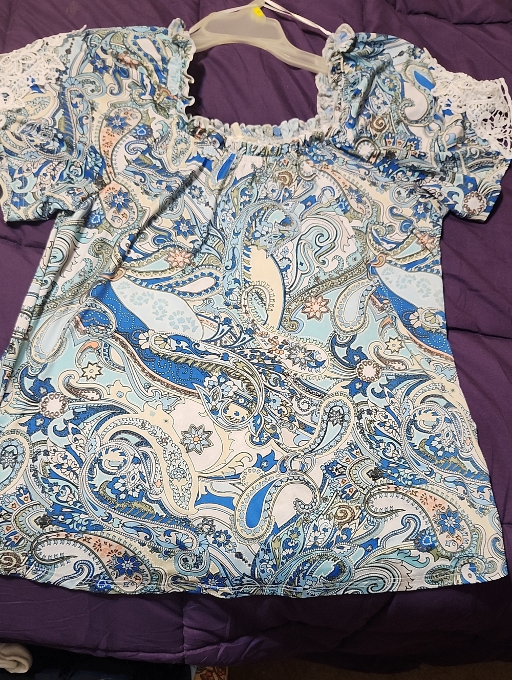 Women’s Blue & Cream Paisley Off-Shoulder Blouse with Lace Trim